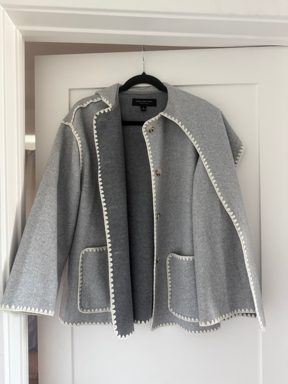 Grey Wool-Blend Jacket with Cream Scallop Trim by Veronica Beard